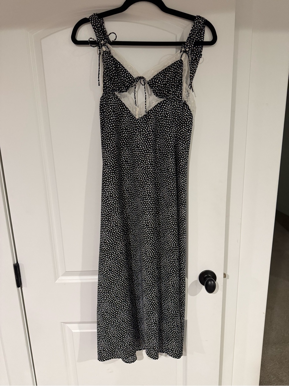 For Love & Lemons Black and White Polka-Dot Midi Slip Dress with Lace Trim